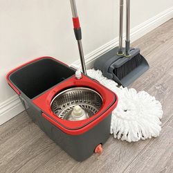 (NEW) $30 Combo Set, Broom Dustpan and Spin Mop Extended Handle w/ 2pc Microfiber Replacements 