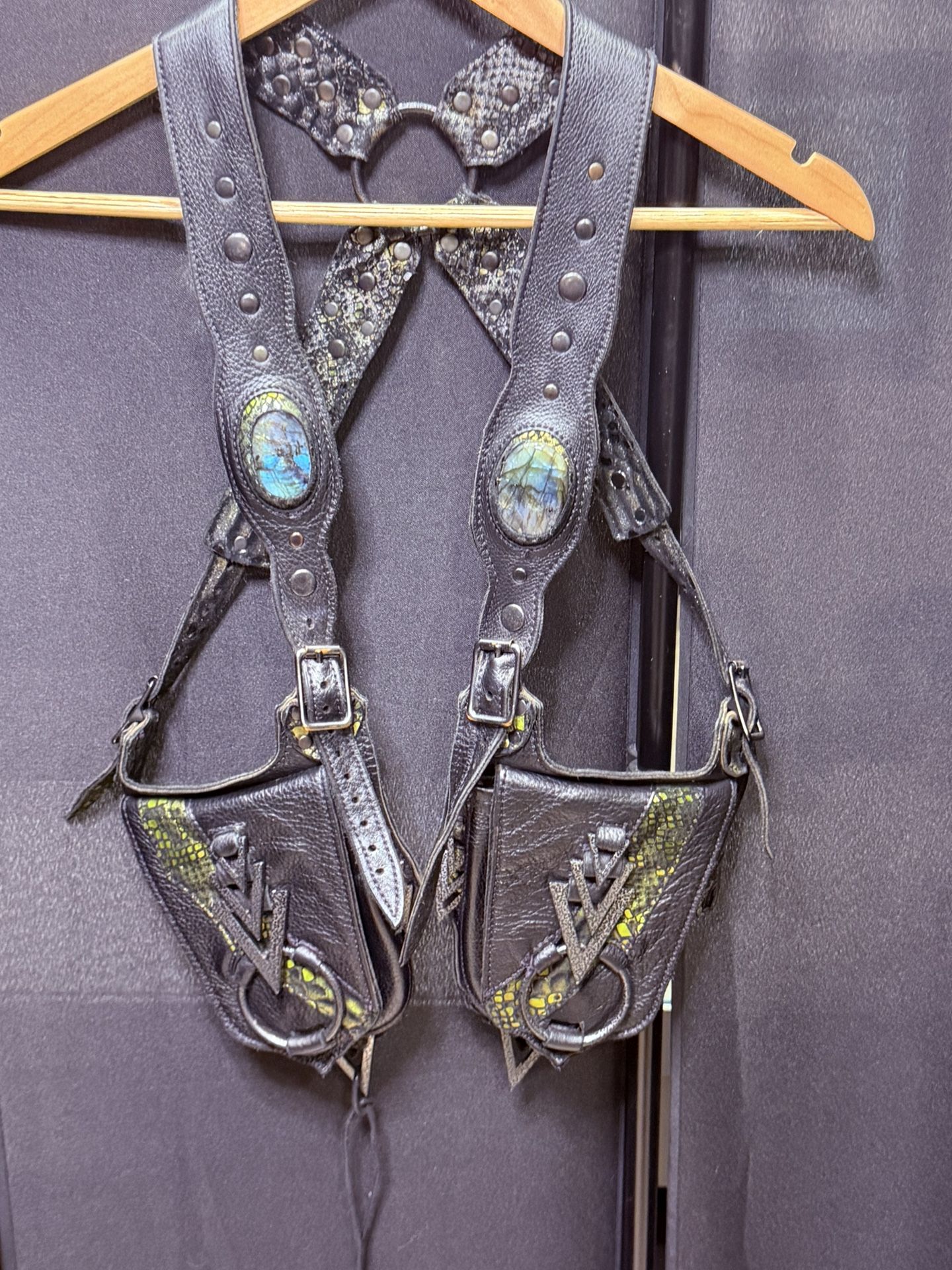 Mystic Fables Leather : Black leather holster-style pocket bag or utility vest