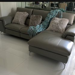 Sofa, Authentic Leather With Chase Gray  Recliner 