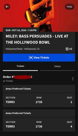 MILEY CYRUS HOLLYWOOD BOWL TICKETS 10/18/26