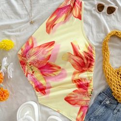 Women size Medium Floral Print One-Shoulder Asymmetrical Tank Top Sleeveless Rib