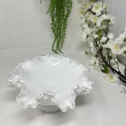 FENTON Milk Glass SILVER CREST Ruffled Edge Pedestal Candy Dish