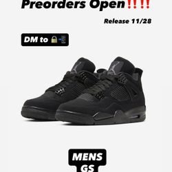 Jordan 4 Black Cat Preorder All Sizes MEN, GS, PS, TD
