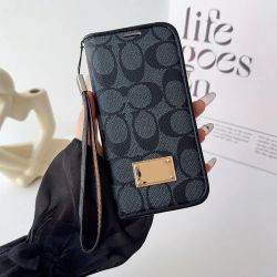 iPhone 16 plus Wallet Case gray/ Black with repeating circular logo pattern