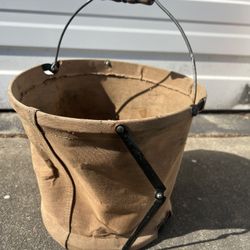 Antique Water Pail | Folding Canvas Bucket with Handle & Metal Brackets