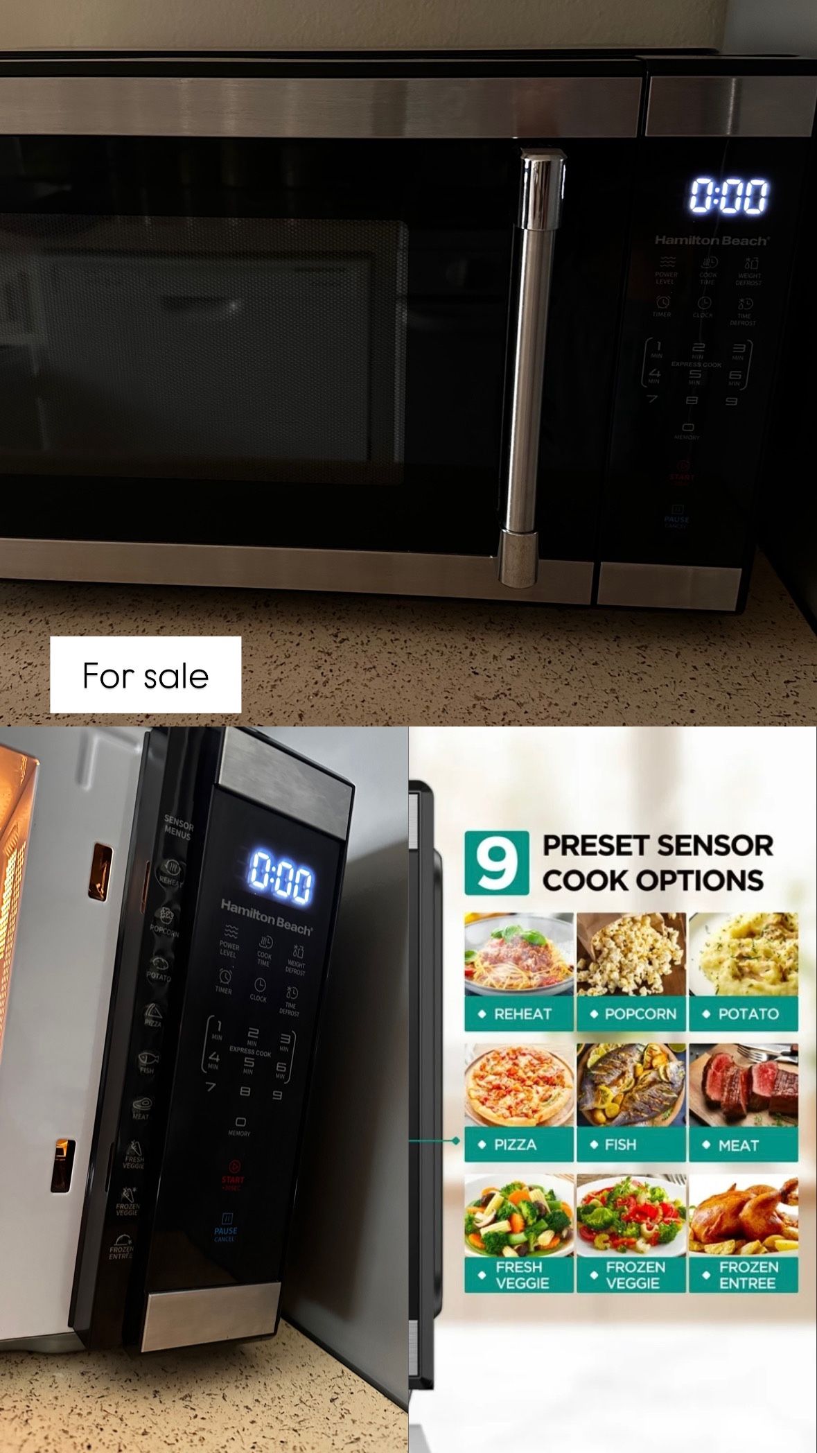 Hamilton Beach microwave Black 1,000 watts 9 cooking options (2 years)