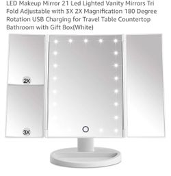 LED Makeup Mirror 21 Led Lighted Vanity Mirrors Tri Fold Adjustable with 3X 2X Magnification 180 Degree Rotation USB Charging