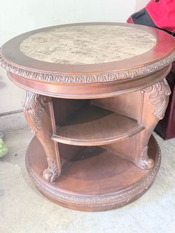 Round Wood End Table with Marble Top