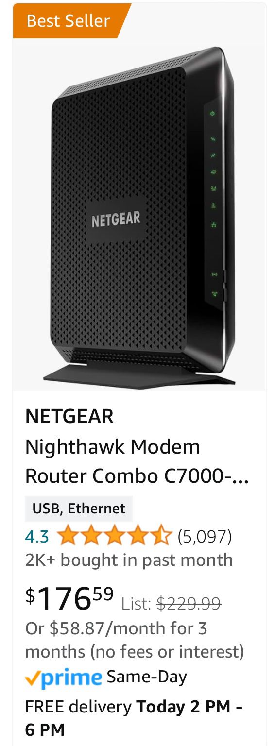NETGEAR Nighthawk Modem Router Combo C7000-Compatible with Cable Providers Including Xfinity by Comcast, Spectrum, Cox,Plans Up to 800Mbps | AC1900 Wi