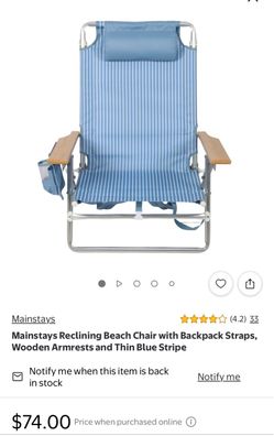 Mainstays Reclining Beach Chair with Backpack Straps,