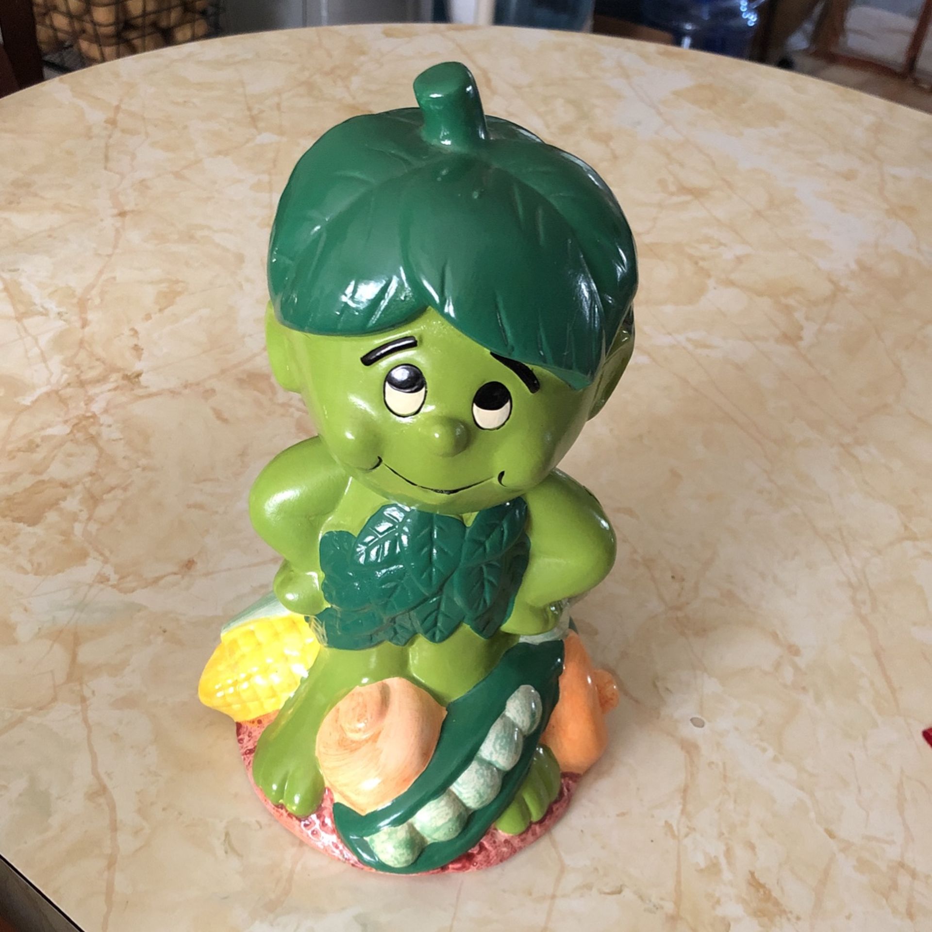 1985 Little Green Sprout Musical Ceramic Bank, Green Giant, H 8.5”