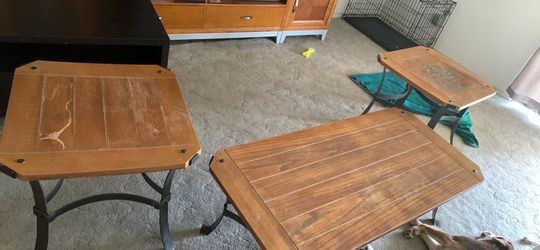 wooden table and 2 side tables with a metal frame