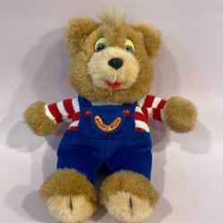 1989 GUND Happy Bear Stuffed Animal Teddy Plush Blue Overalls 9&quot; Vintage BUC
