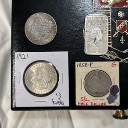 2 1 Oz Morgans, 1oz Silver bar and 1958 Half Of Dollar 