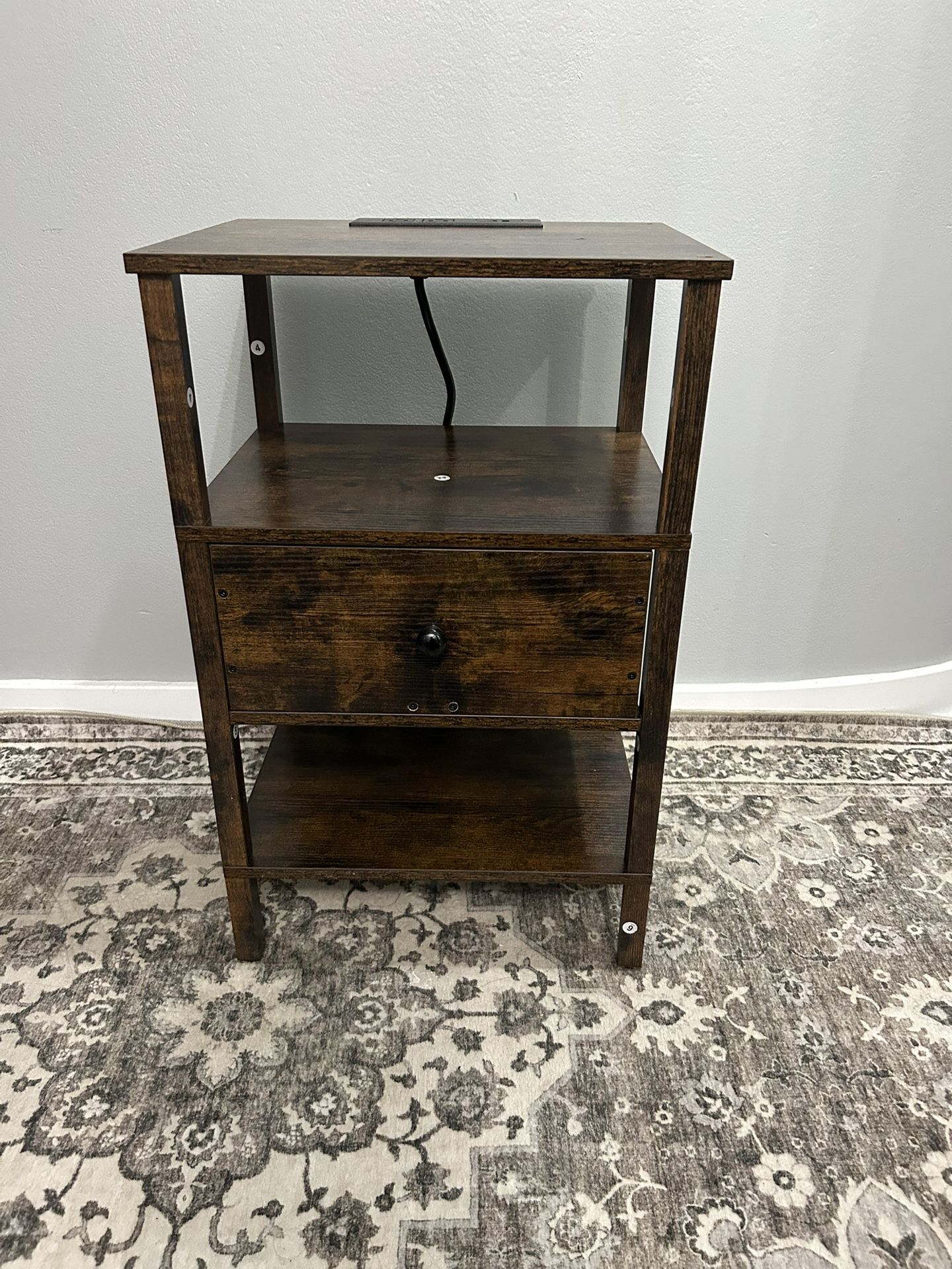 Nightstand with Charging Station and USB Ports, 3-Tier Storage End Table with Drawer Shelf, Brown 