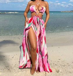 Women’s Tie Dye Cross Halter Split Maxi Dress Size M – Sexy Vacation Beach Dress