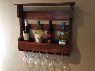 Wine Rack Shelf Handmade Reclaimed Wood Rustic Decor Cognac Stain 6 Glasses Wall Mount With Top Shelf Country