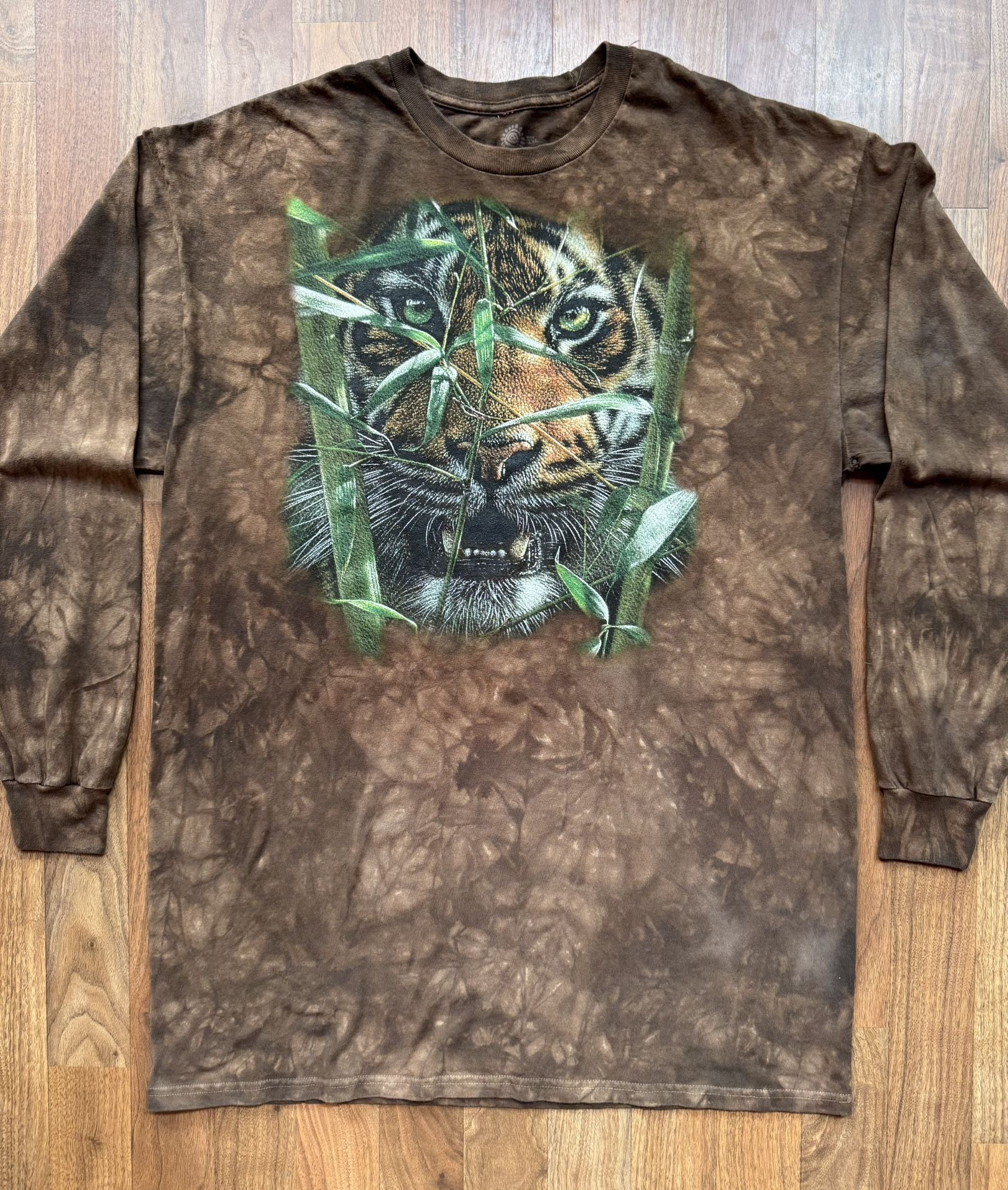 The Mountain Hungry Eyes Long Sleeve T Shirt Mens 2XL Brown Tiger Tie Dye EUC