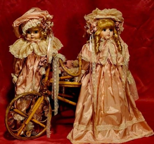 *RARE* Victorian Rose Collection Signature Series Boy & Girl Porcelain Dolls W/ Rattan Tricycle