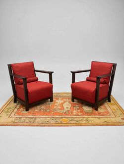 Pair of Red Lounge Chairs with Tibetan Floral Rug