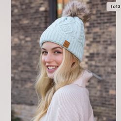 Panache Mint Knit Faux Fur Pom Beanie