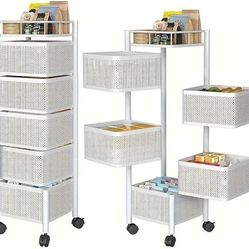 5-Tier Rotating Kitchen Storage Shelf Metal Multi-Layer Vegetable Fruit Basket Organizer with Wheels Square Floor-Standing Rack for Pantry Bathroom Li