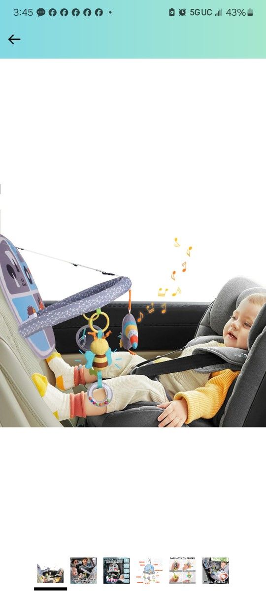 Car Seat Toys for Babies 0-6 Months, Rear-Facing Car Seat Bow Toy with Music, Mirror, Rattle, Teether, Hanging Toy for Babies 0-6-12 Months, Sensory T