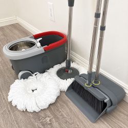 New $35 (Combo Set) Broom Dustpan & Spin Mop Wheels Extended Handle with 2pc Microfiber Mop Heads 