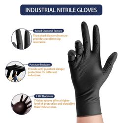 8 Mil Disposable Nitrile Industrial Gloves | With Raised Diamond Texture, Powder & Latex Free, Tear Resistant, Black/Orange , Large/ Extra Large/2Extr