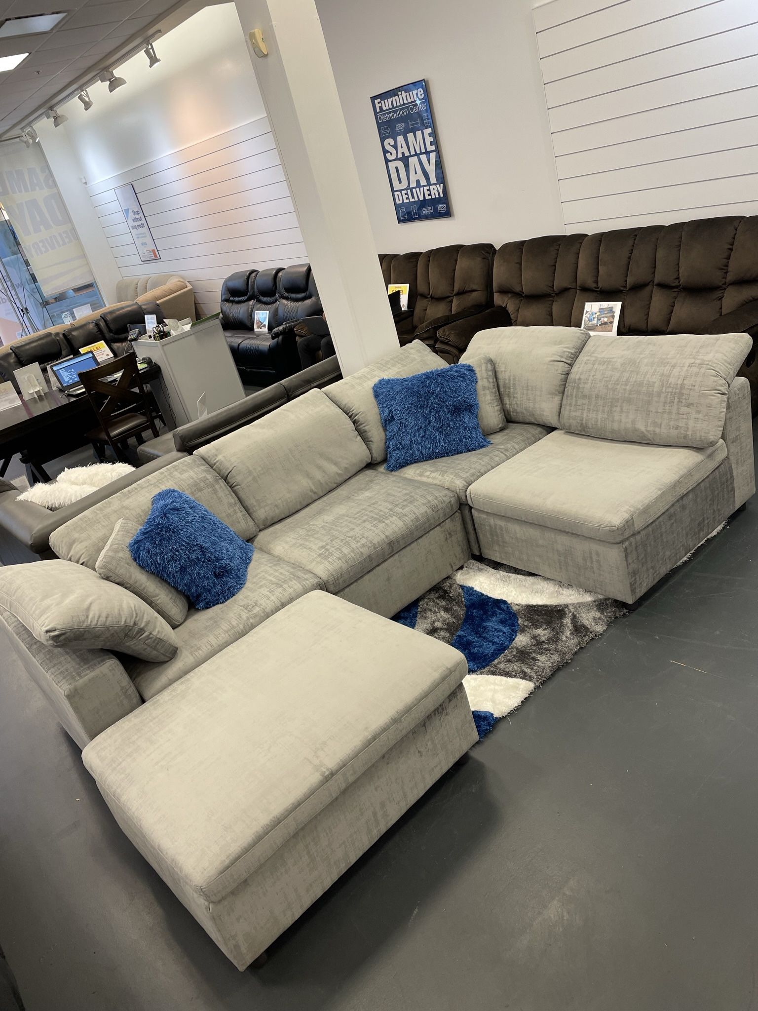 Summer clearance sale. Lima gray sectional sofa with Autumn in now $999. Easy finance option. Same-day delivery.