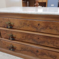 Beautifully Unique Qntique Marble Tob And Burlwood Low 3 Drawer Chest Table 