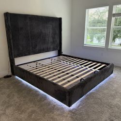 NEW 7Ft Tall Dark Grey Platform Bed Frame Queen & King Size with LED lights and USB Port