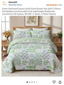 Green Patchwork Queen Quilt Floral Queen Size Quilt 3 Pieces Full Bedding Set Reversible