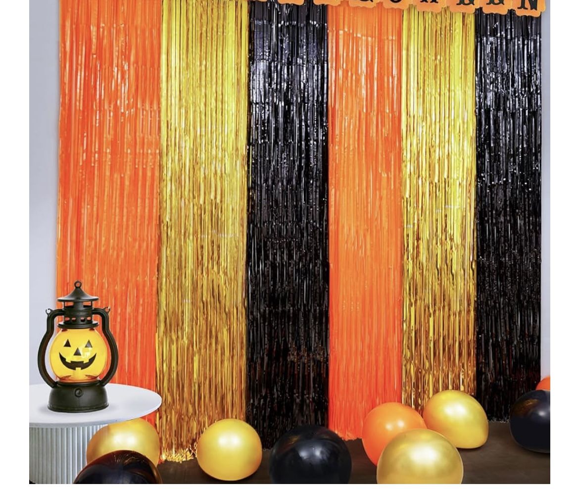 Black, Orange & Gold Tinsel Foil Fringe Curtains Decoration