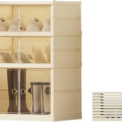 3Tier Foldable Shoe Rack Organizer for Closet,6Pairs Collapsible Plastic Shoe Shelf,Large Shoes Cabinet with Door,Clear Stackable Storage Box Easy Ass