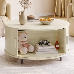 Round Coffee Table with Storage, 31.5" Modern Coffee Table with 360° Curved Sliding Door, Fluted Wood Coffee Table with Adjustable Footpads, Round Cen
