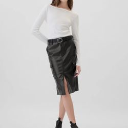 NWT Black vegan leather midi pencil cargo skirt 
