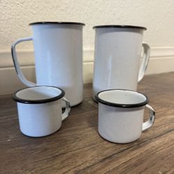 2 Large coffee cups mugs and 2 espresso cups. Tin and enamel white and black. Camping/beach. 