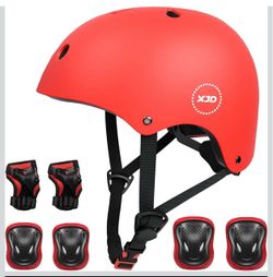 Kids Bike Helmet Set for 3-8 years old, comes with knee and elbow pads , and wrist guards (XJD) Red