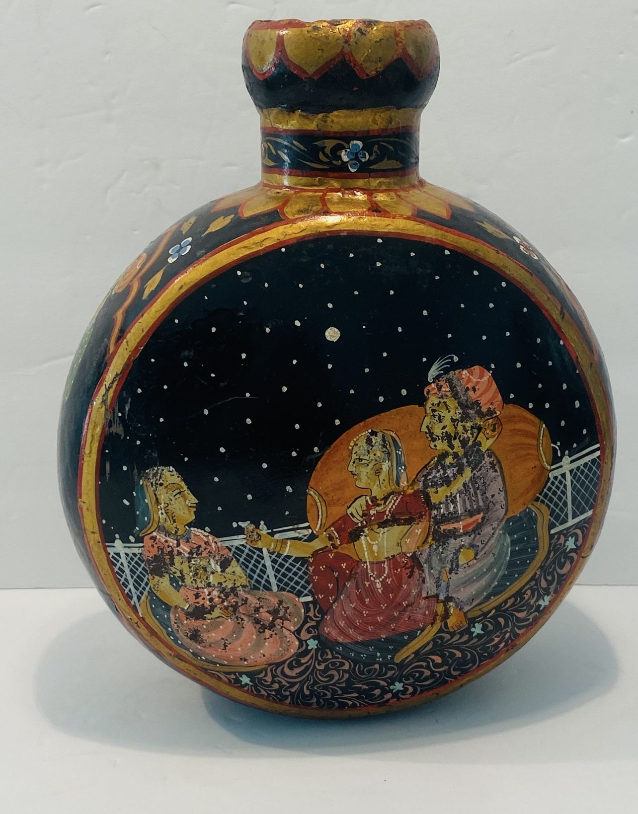 Vintage Indian Hammered Hand Crafted Hand Painted Original Old Oil Water Pot 10” 8” 5”