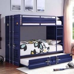 Brand New Industrial Blue Metal Twin/Twin Bunk Bed with Trundle