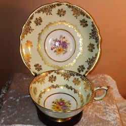 Antique Royal Paragon Double Warrant Appointment By Queen Mary  English  Bone China Mint Green And Gold With Flower Patter Tea Cup And Saucer