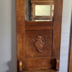 Antique Victorian Oak Hall Tree with Mirror and Storage Seat