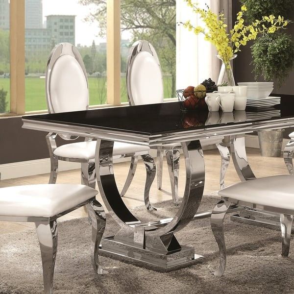Luxury Modern Design Stainless Steel Dining Table Black Glass Top 