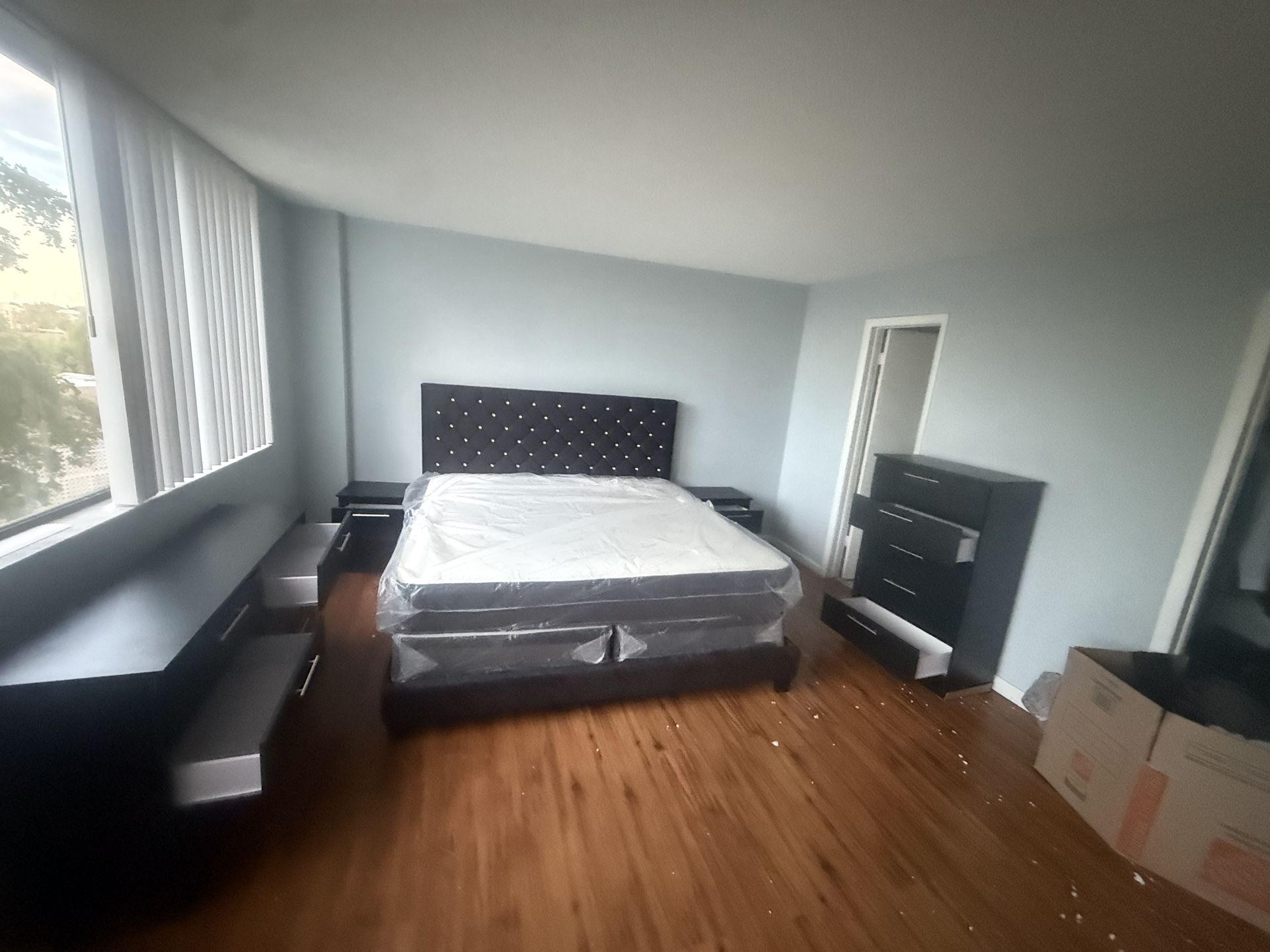 King Size Bedroom Set. With Mattress And Box Spring 2 Nightstand And Dresser. 1 Chest. All New Furniture Free Delivery Free Installation