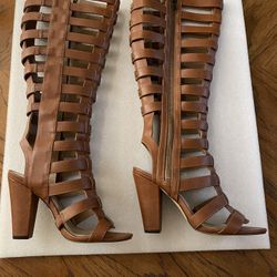 Michael Antonio Women’s Kimiko Cognac 2 PU Open Toe Caged Knee High Boots 