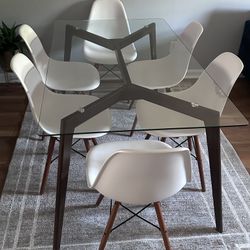 Rectangle Glass Dining Table with Wood Legs And 6 Chairs 