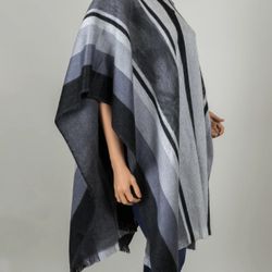EINII  Striped Alpaca Poncho with Fringe one size