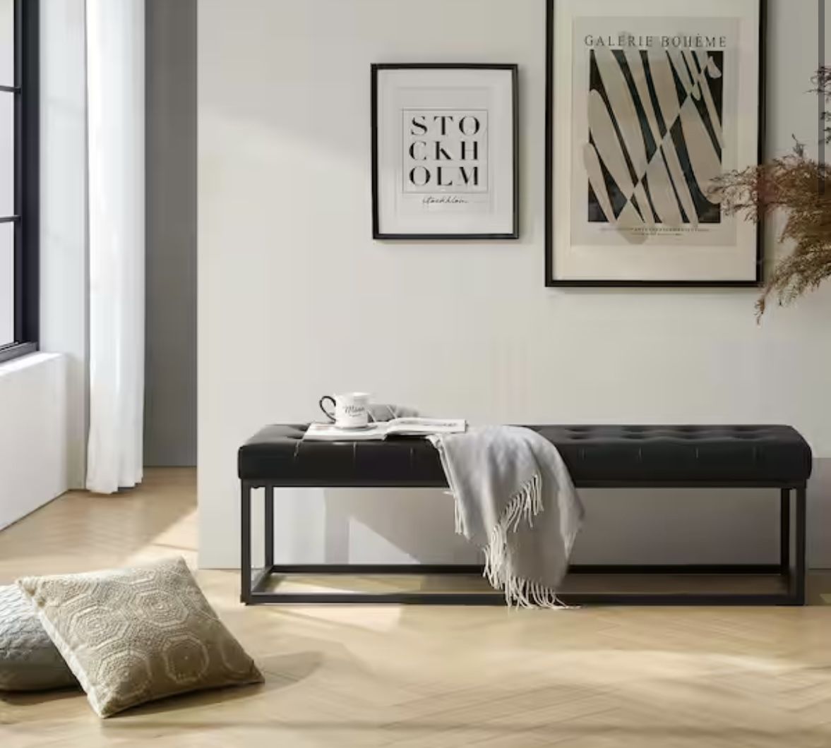 Rebeca Black Mid-Century Modern Vegan Leather Bench with Metal Base