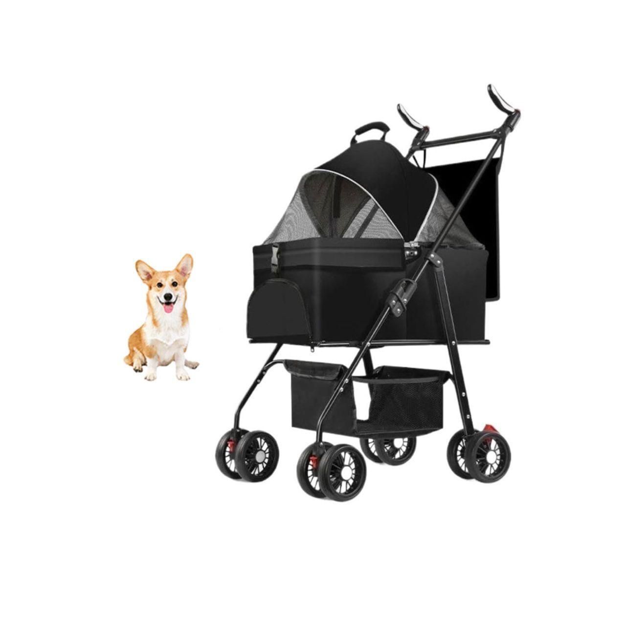 ) Folding Pet Stroller, Cat Stroller for Medium Dogs,4 Wheels Pet Stroller Jogger, Removable Basket(x030